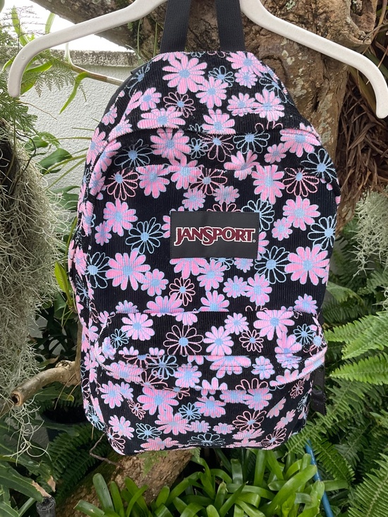 VTG JanSport Black With Pink Flowers Corduroy Backpack main image 4